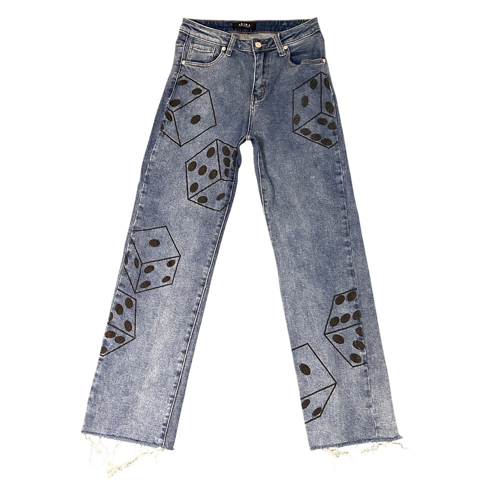 Akira Jeans Womens 9 High Waisted Straight Leg Dice Print Denim Raw Hem 28x30